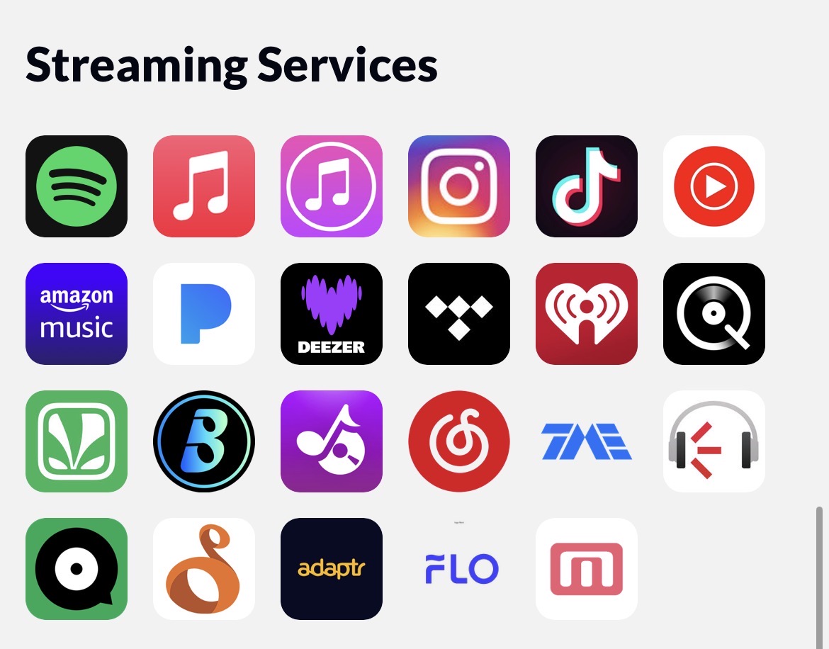 Plateformes de streaming : Spotify, Apple Music, iTunes, Instagram, TikTok, YouTube Music, Amazon Music, Pandora, Deezer, TIDAL, iHeartRadio, Boomplay, NetEase, Adaptr, FLO et plus